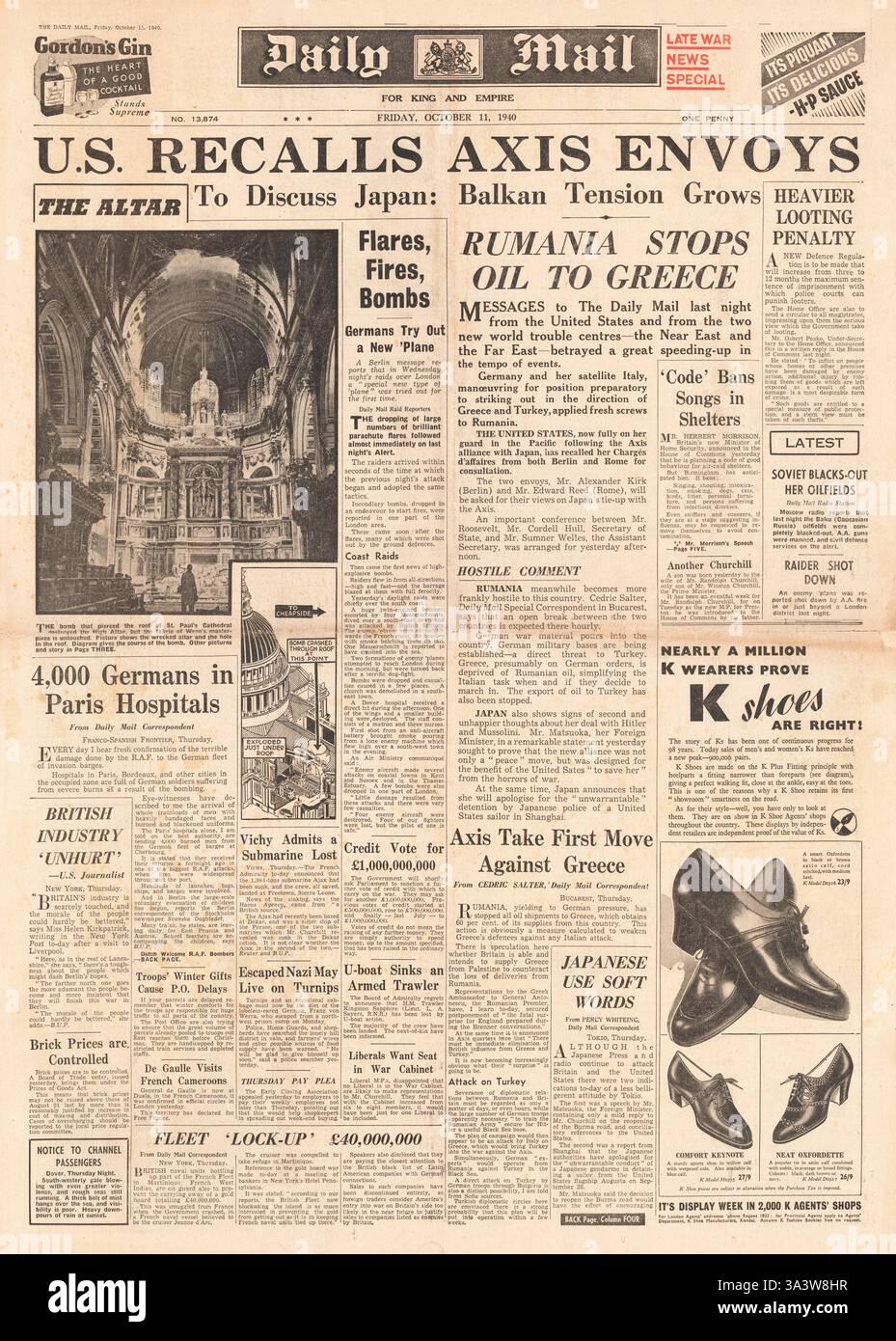 1940 front page Daily Mail nous rappelle les envoyés de l'axe Banque D'Images