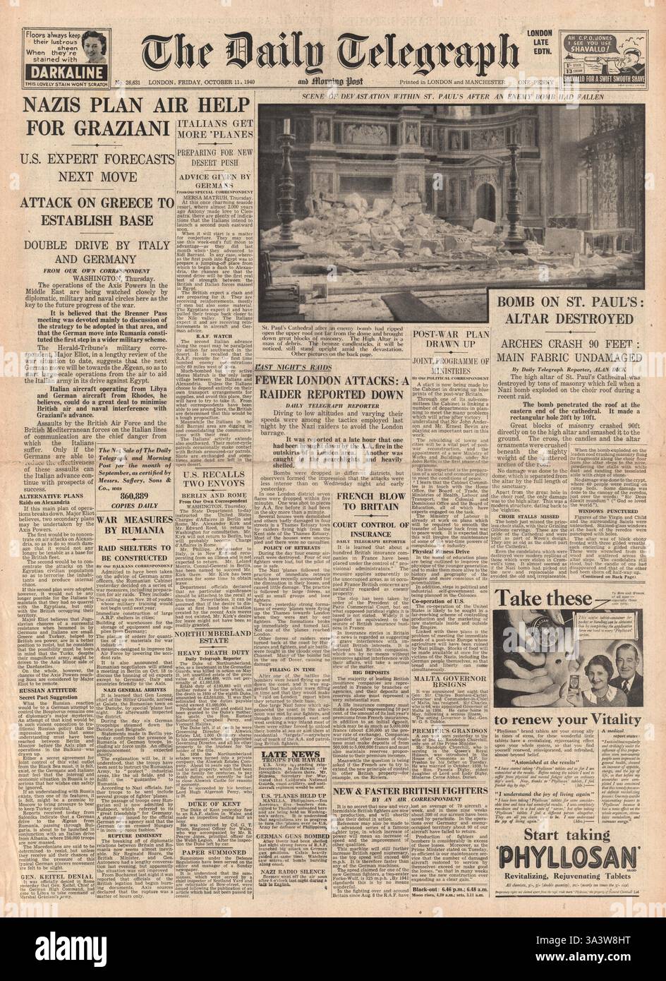1940 première page Daily Telegraph plan allemand pour aider l'armée de l'air italienne et la Luftwaffe dommages à la cathédrale Pauls Banque D'Images