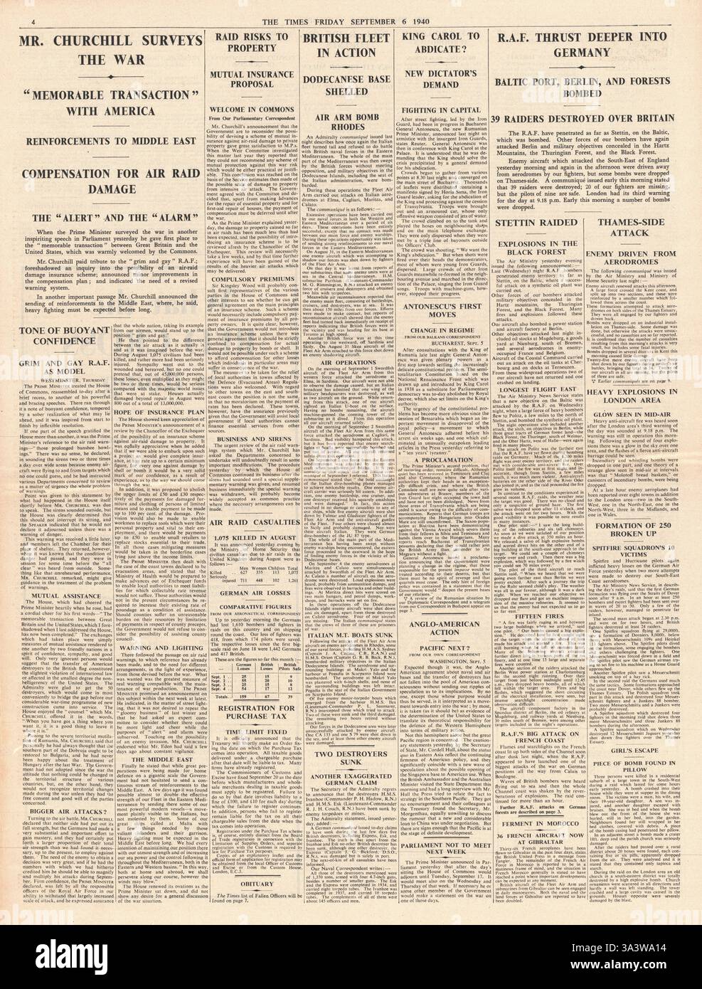 1940 page 4 le Times Winston Churchill prononce un discours sur la guerre et les raids de la RAF sur les ports baltes, Berlin et les forêts allemandes Banque D'Images