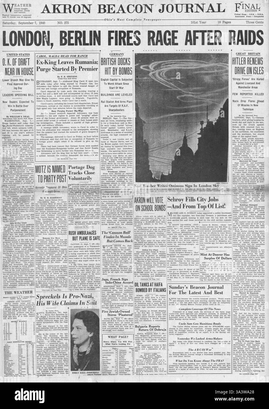 1940 première page Akron Beacon Journal Londres et Berlin incendies après des bombardements Banque D'Images