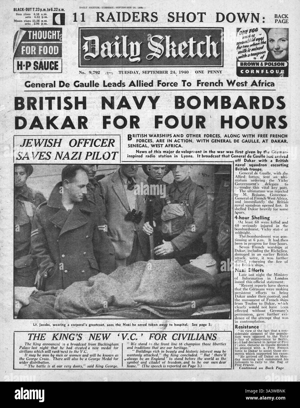 1940 première page Daily Sketch Royal Navy Bombards Dakar et King George VI présente une nouvelle médaille, la Croix de George Banque D'Images