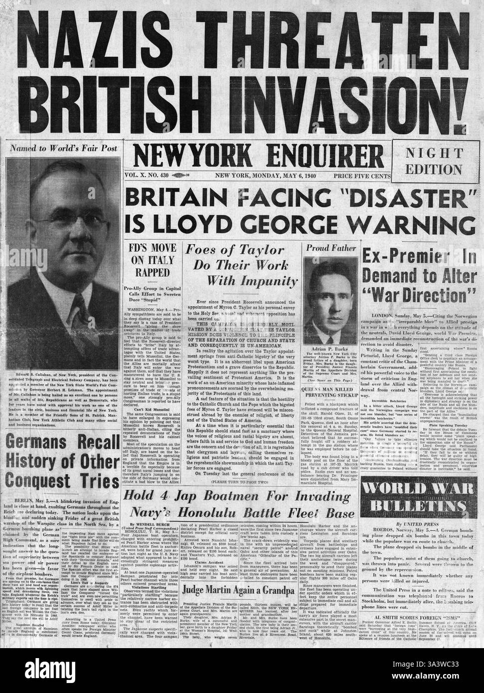 1940 front page New York Enquirer menace allemande pour envahir l'Angleterre Banque D'Images