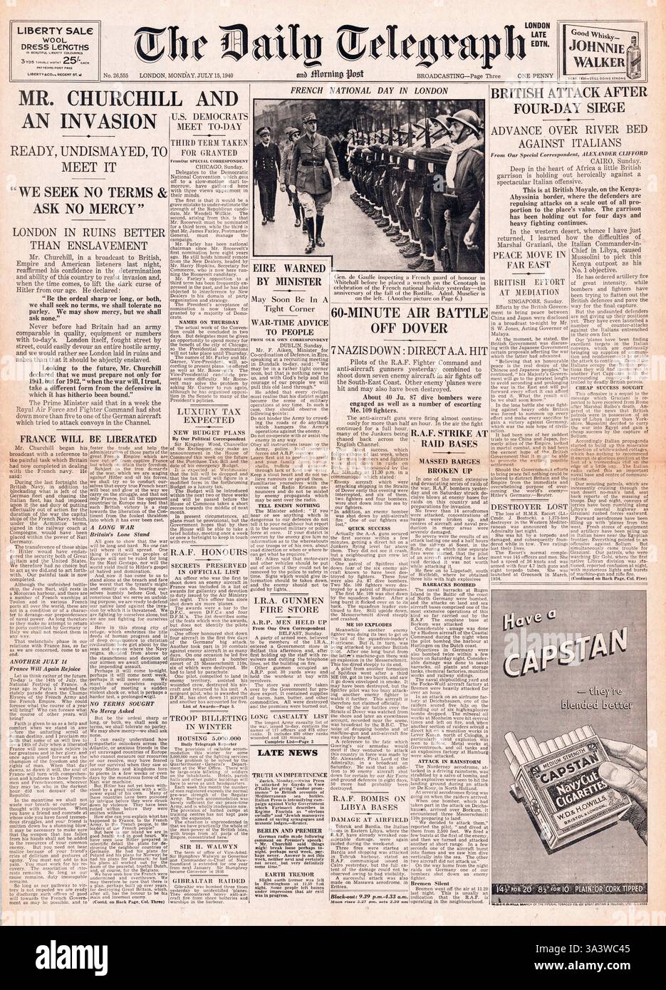 1940 première page Daily Telegraph Winston Churchill et invasion de la Grande-Bretagne Banque D'Images