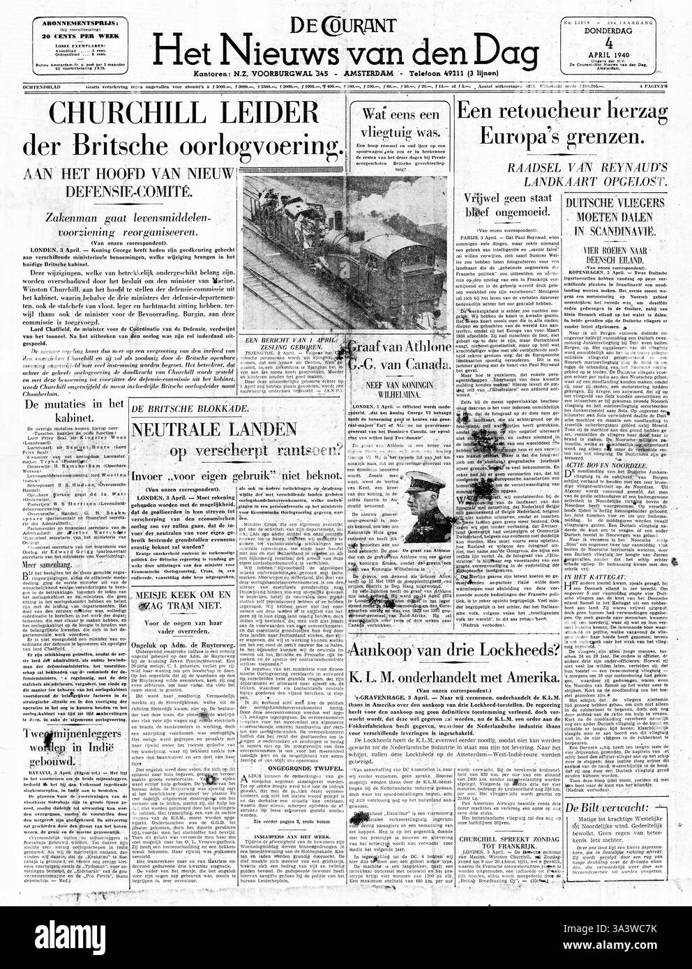 1940 première page de courant (pays-Bas) Winston Churchill est le nouveau chef de guerre dans le remaniement ministériel du gouvernement britannique Banque D'Images