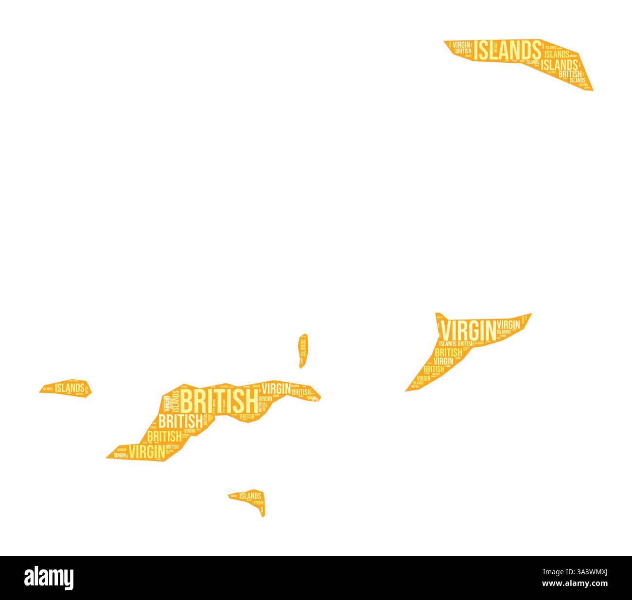 Forme des îles Vierges britanniques. Nuage de mots de pays avec division de région. Iles Vierges britanniques illustration colorée. Nuage de noms de région. Illustration de Vecteur