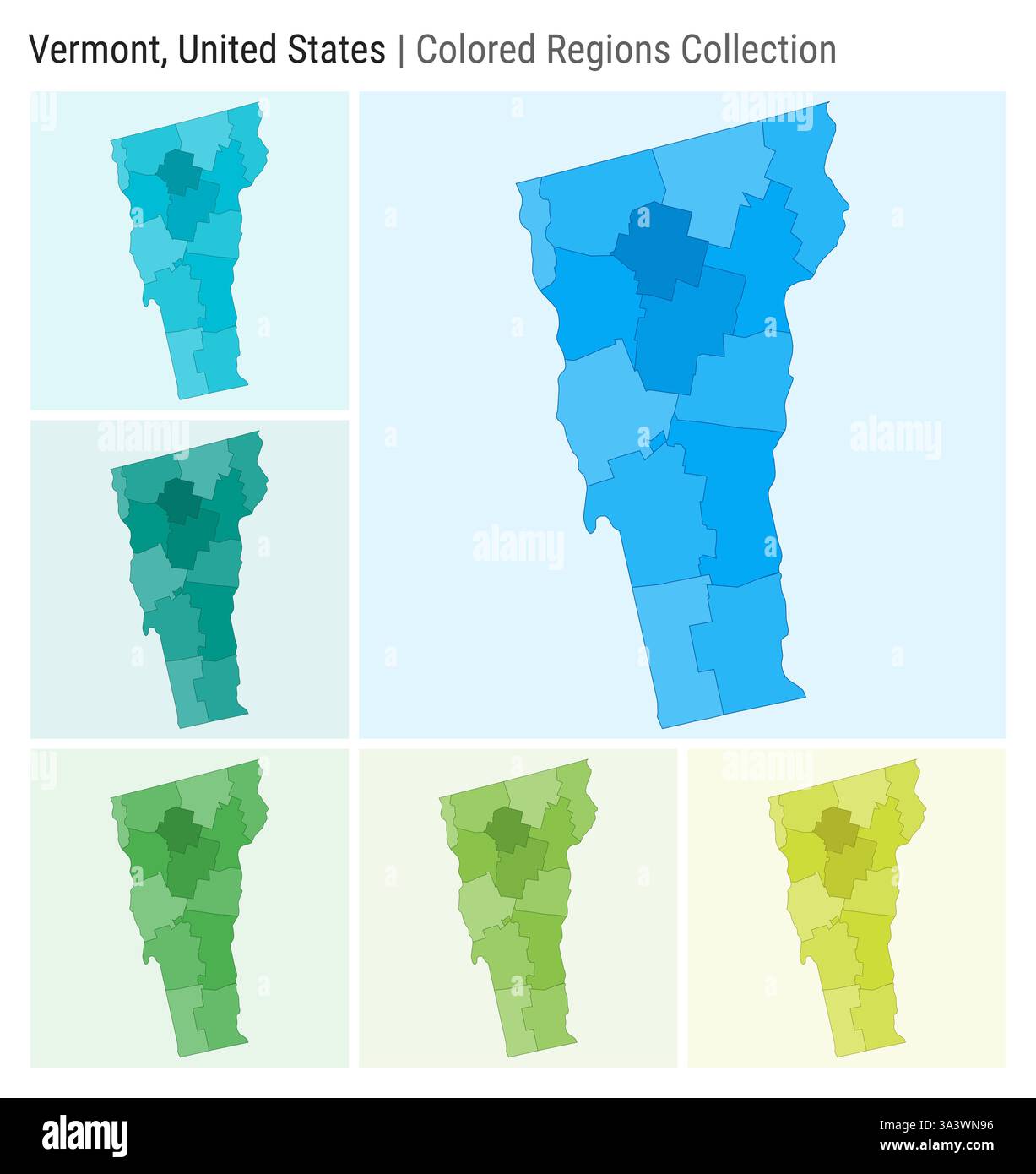 Vermont, États-Unis. Collection de cartes. Forme d'état. Comtés colorés. Bleu clair, cyan, sarcelle, vert, vert clair, palettes de couleurs de chaux. Illustration de Vecteur