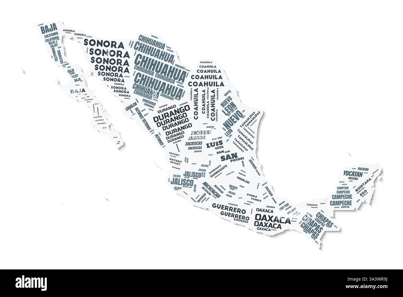 Nuage de texte de forme Mexique. Frontière de pays avec ombre sur fond blanc. Mexique avec division des régions dans le style vintage gazette. Illustration de Vecteur