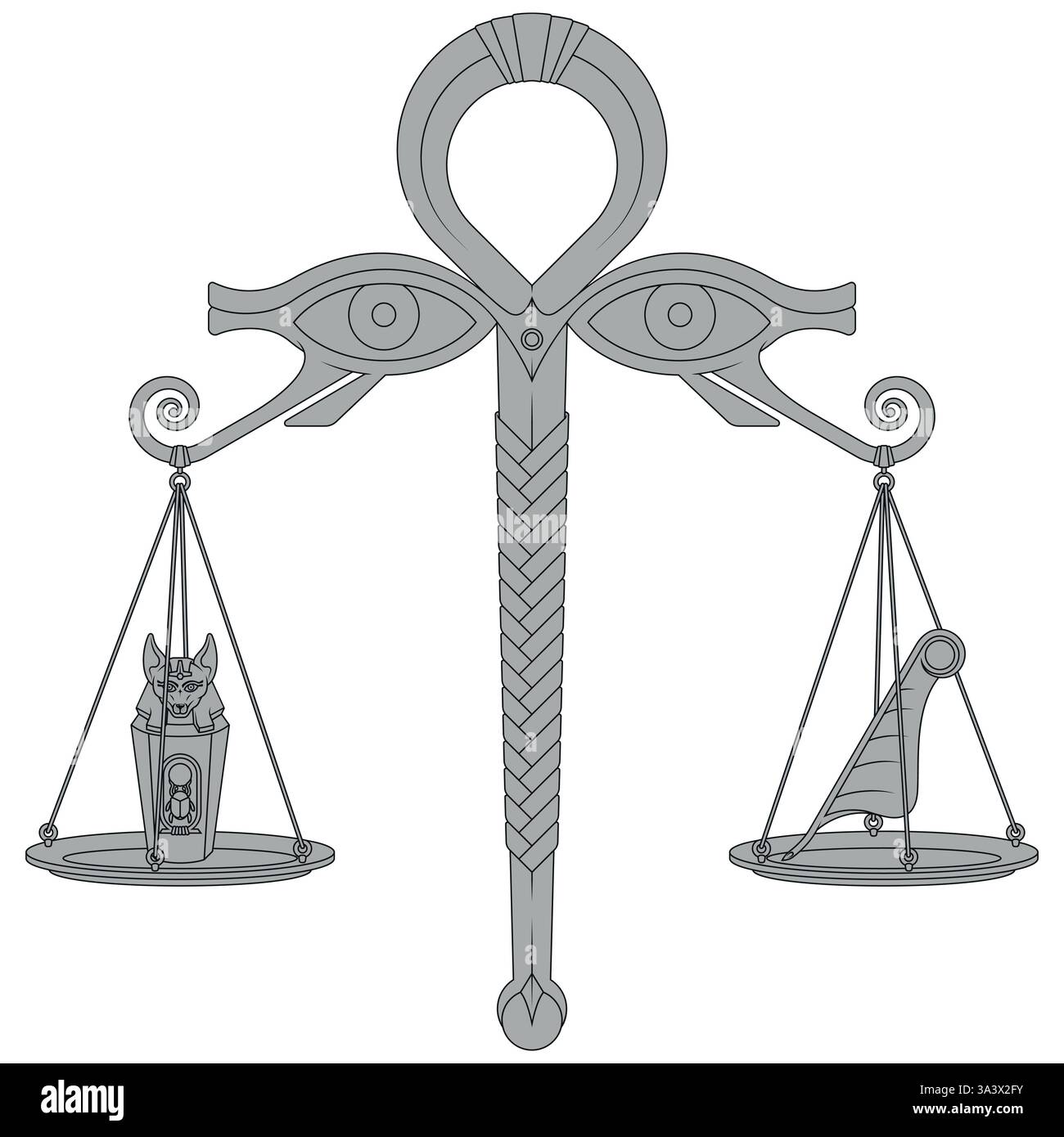 Écailles égyptiennes avec les yeux du Dieu Horus, écailles du Dieu Anubis pesant le pot Canopic, écailles avec plume de la vérité de la déesse Matt Illustration de Vecteur