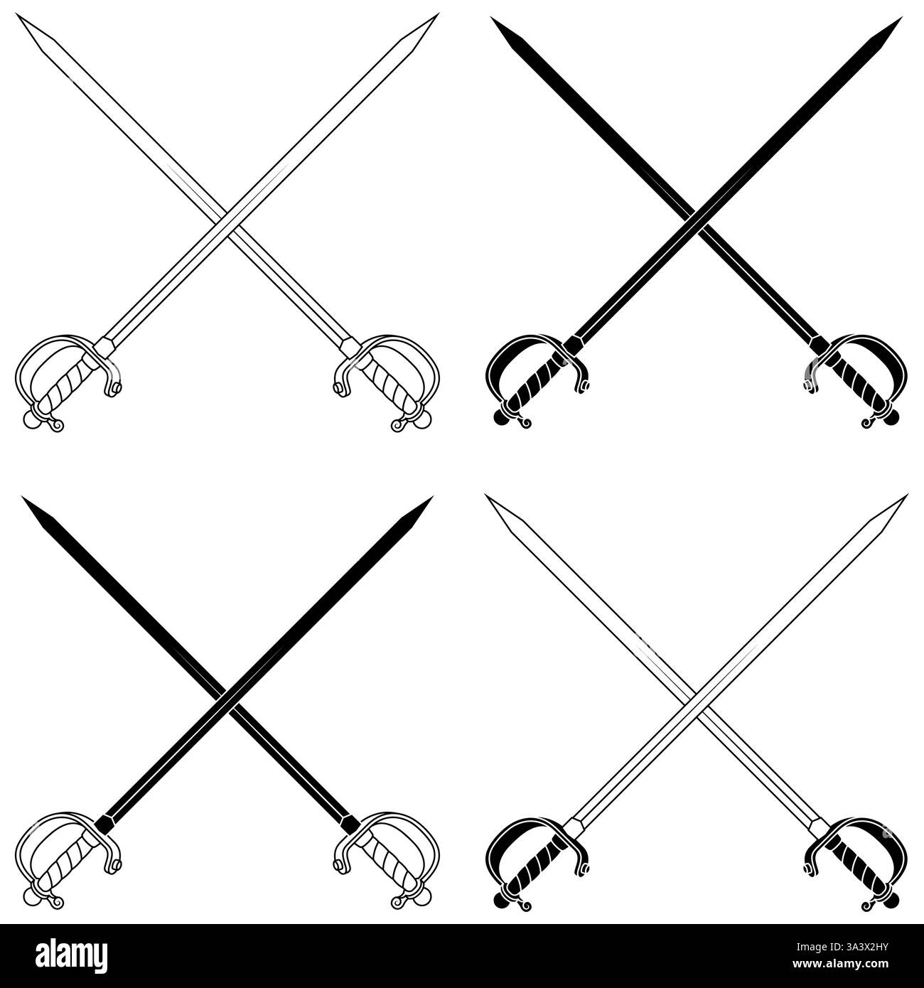 Épées espagnoles croisées, épées utilisées dans la pratique de l'escrime, épées de rapière espagnoles avec poignée d'arc Illustration de Vecteur