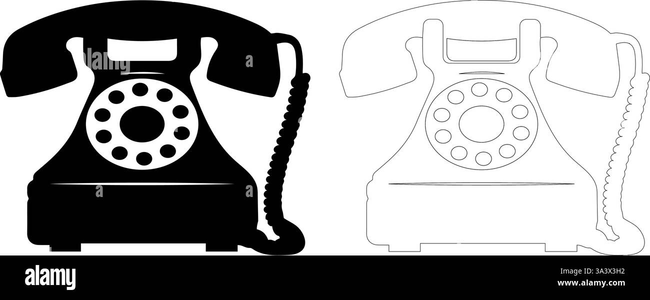 Ancien téléphone avec symbole de symbole de cadran rotatif icône de logo avec remplissage de couleur noire et contour Illustration de Vecteur