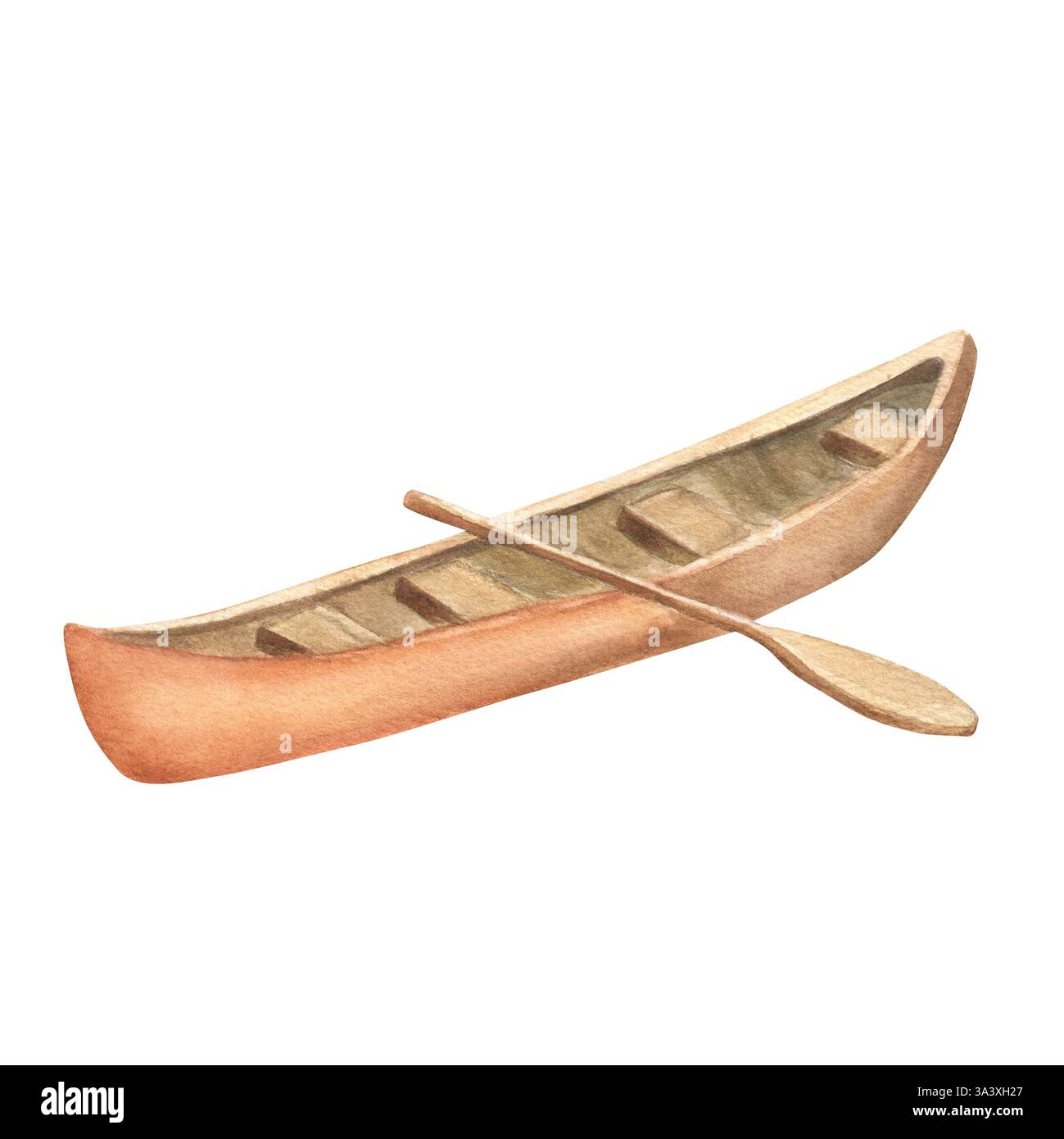 Canoë en bois simple avec une pagaie. Camping clipart. Bateau isolé. Aventure de camp touristique de montagne. Illustration d'aquarelle dessinée à la main. Pour scrapbooki Banque D'Images