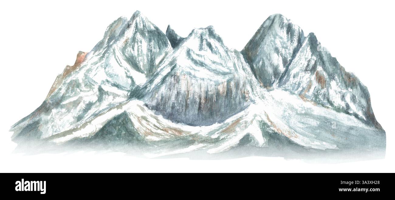 Paysage de montagne naturel avec des sommets enneigés. Chaîne de montagnes clipart isolé. Aquarelle falaises de montagne. Pour camping, expédition, randonnée, tourisme des Banque D'Images