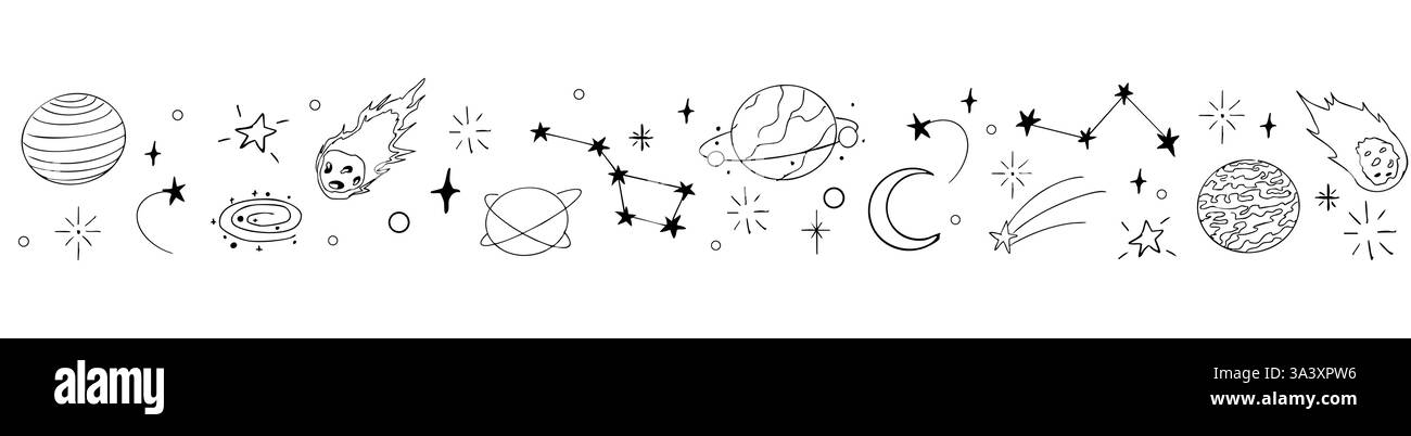 Bordure céleste de doodle, diviseur de clignotement d'étoile tombante. Ornement dessiné à la main avec étoiles, planètes, météorite et lune. Décoration simple et magique Space. Illustration vectorielle Illustration de Vecteur