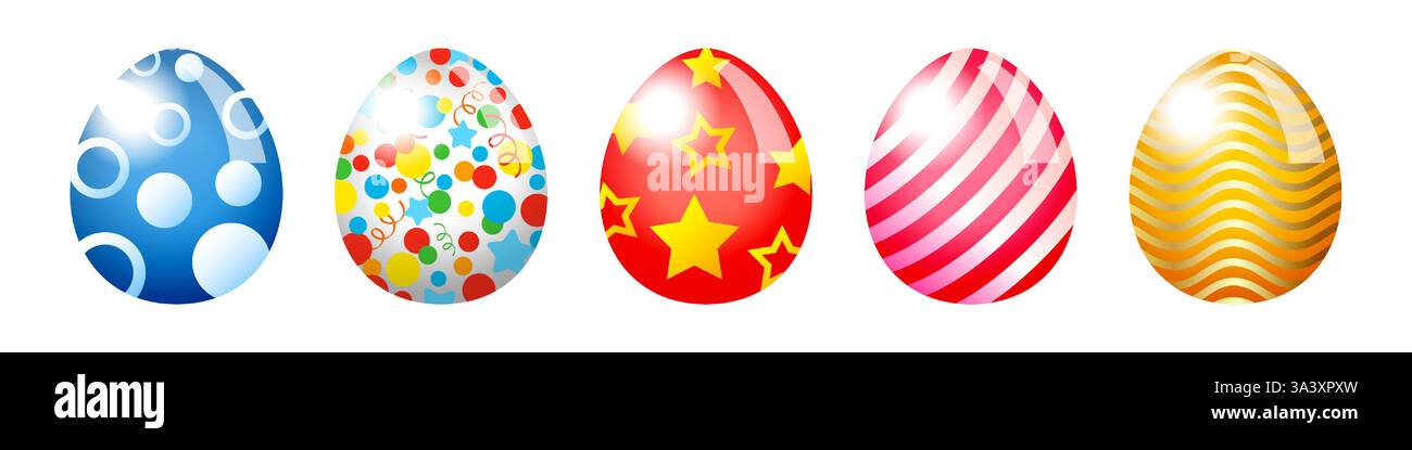 Ensemble d'oeufs de Pâques décoratifs 3D. Célébrer les éléments. Modèle graphique. Collection clip art. Cinq œufs de pâques colorés avec différentes pattes abstraites Illustration de Vecteur