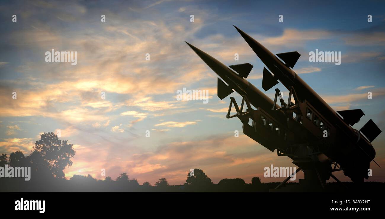 Lance-missiles avec deux projectiles et le ciel du coucher du soleil - illustration 3D. Banque D'Images