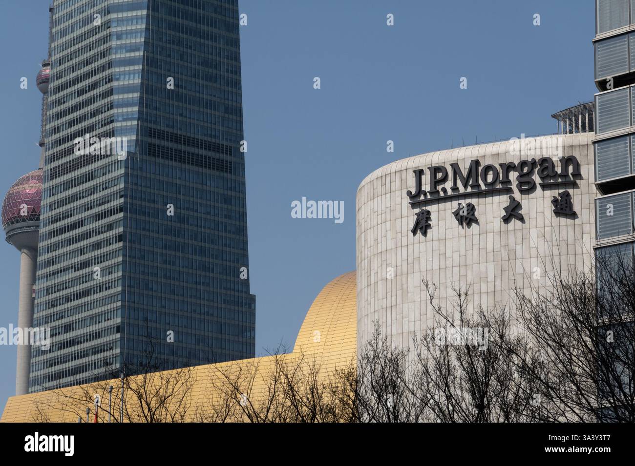 SHANGHAI, CHINE - 18 MARS 2025 - le logo chinois et anglais de J.P.Morgan Chase est vu sur le podium de la tour de Shanghai à Lujiazui, Shanghai, Banque D'Images