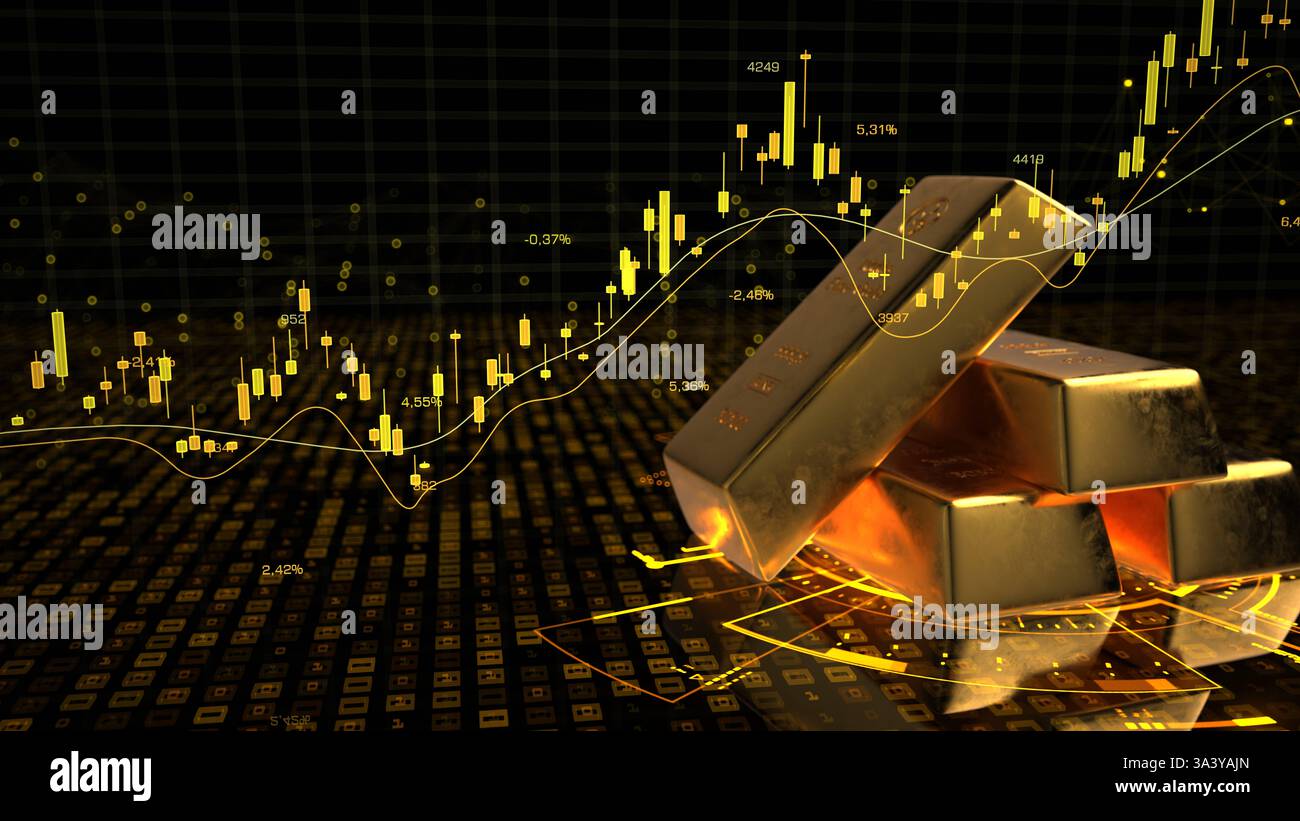Graphique de bougie des stocks de commerce de marchandises d'or. Illustration 3D Une illustration 3D du commerce de l'or avec des lingots d'or et un graphique en chandelier. Banque D'Images