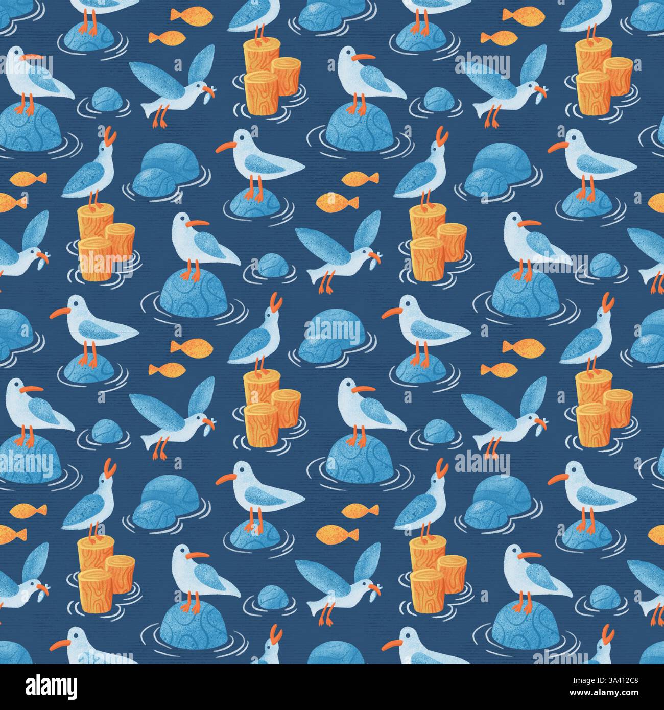 Motif sans couture. Mouettes de dessin animé, pierres, vagues, poissons. Imprimé marin avec des oiseaux sur le dos bleu Banque D'Images