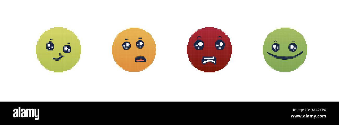 Emojis Pixel art mettant en valeur diverses émotions dans des designs colorés simples Illustration de Vecteur