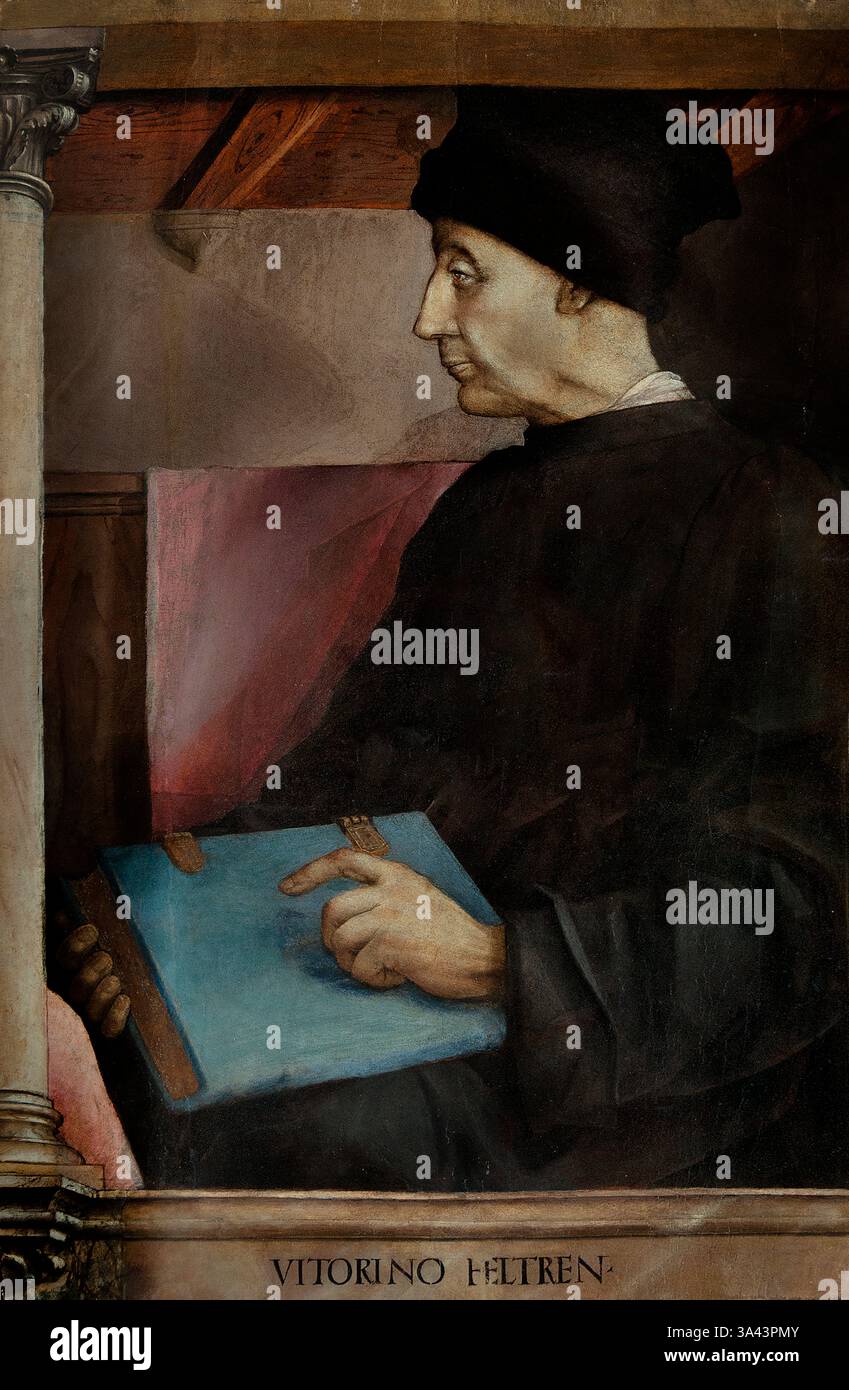 Vittorino da Feltre - Vittorino da Feltre (1378-1446) humaniste italien et professeur Urbino Paintings1474 par Pedro Berruguete (1450-1504) Italien, Italie, et Justus van Gent (1460-1480) belge, belge, flamand, Louvre France Musée des Beaux-Arts français. Vittorino da Feltre (1378-1446) était un humaniste et éducateur italien de la Renaissance. Il est connu pour son approche novatrice de l'éducation et son accent sur le développement de la personne tout entière, y compris la croissance intellectuelle, morale et physique. Il est considéré comme l'un des éducateurs les plus importants de son temps. 0 Banque D'Images