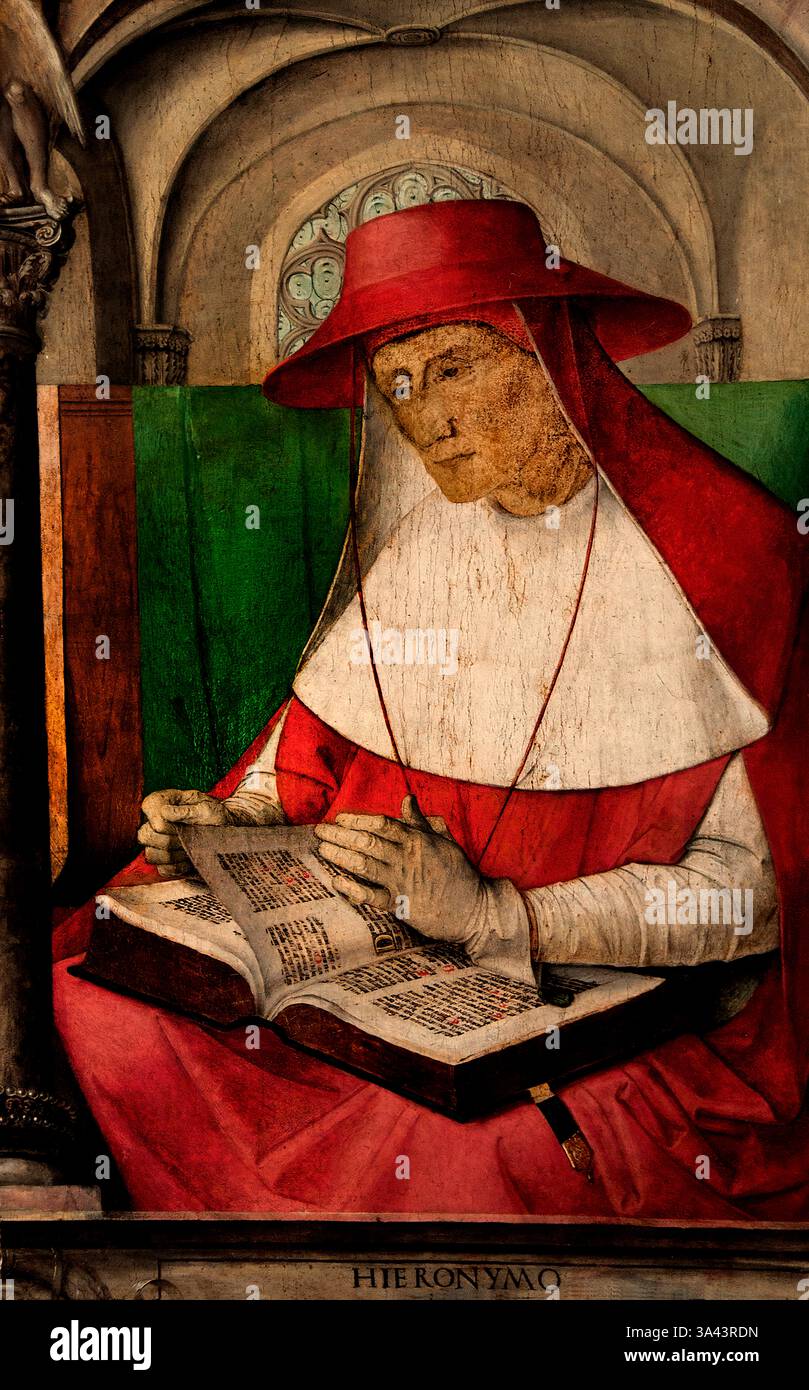 Jerome san girolamo Urbino peintures 1474 de Pedro Berruguete (1450-1504) Italien, et Justus van Gent (1460-1480) belge, belge, flamand, Louvre France Musée des Beaux-Arts français. ( Jérôme de Stridon, était un prêtre chrétien, confesseur, théologien, traducteur et historien; il est communément connu sous le nom de Saint Jérôme. ) Banque D'Images