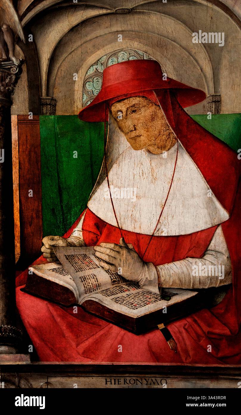 Jerome san girolamo Urbino peintures 1474 de Pedro Berruguete (1450-1504) Italien, et Justus van Gent (1460-1480) belge, belge, flamand, Louvre France Musée des Beaux-Arts français. ( Jérôme de Stridon, était un prêtre chrétien, confesseur, théologien, traducteur et historien; il est communément connu sous le nom de Saint Jérôme. ) Banque D'Images