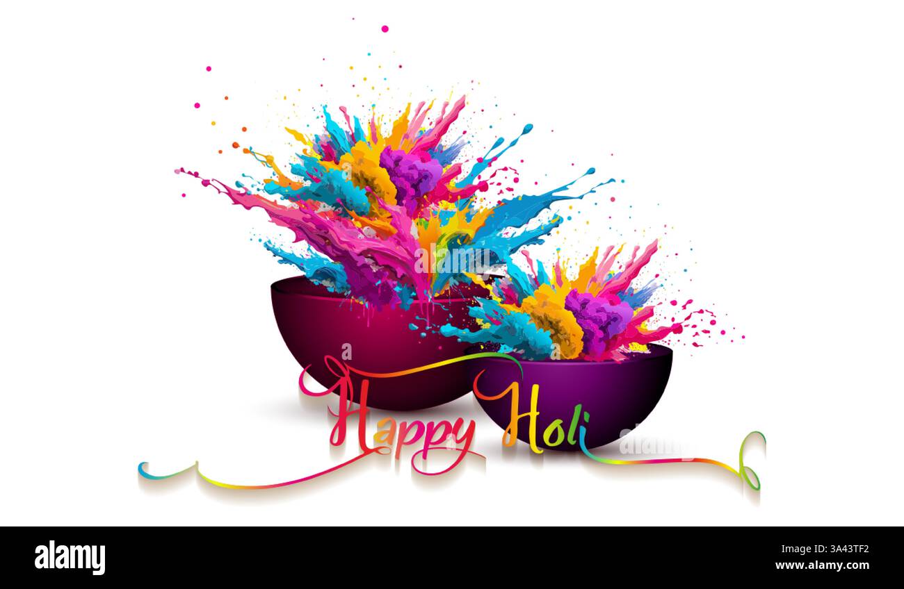 Happy Holi Indian Festival bannière, gulaal coloré, couleur de poudre, carte de fête avec motif d'explosion coloré et cristaux sur fond de papier blanc Illustration de Vecteur