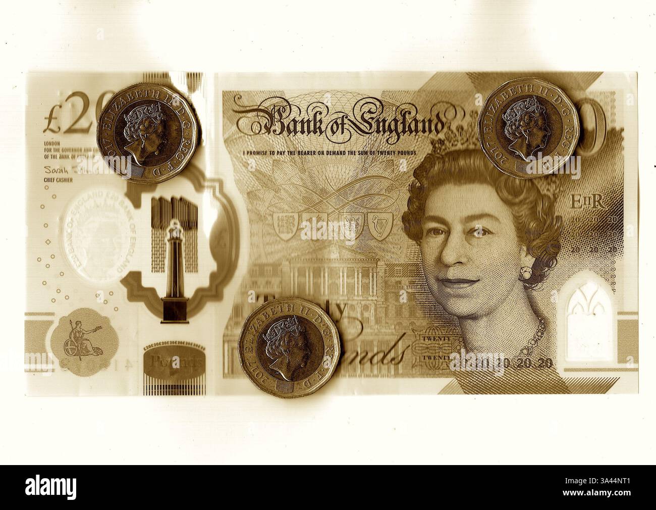 Billet moderne de 20 £ du Royaume-Uni en sépia. Banque D'Images