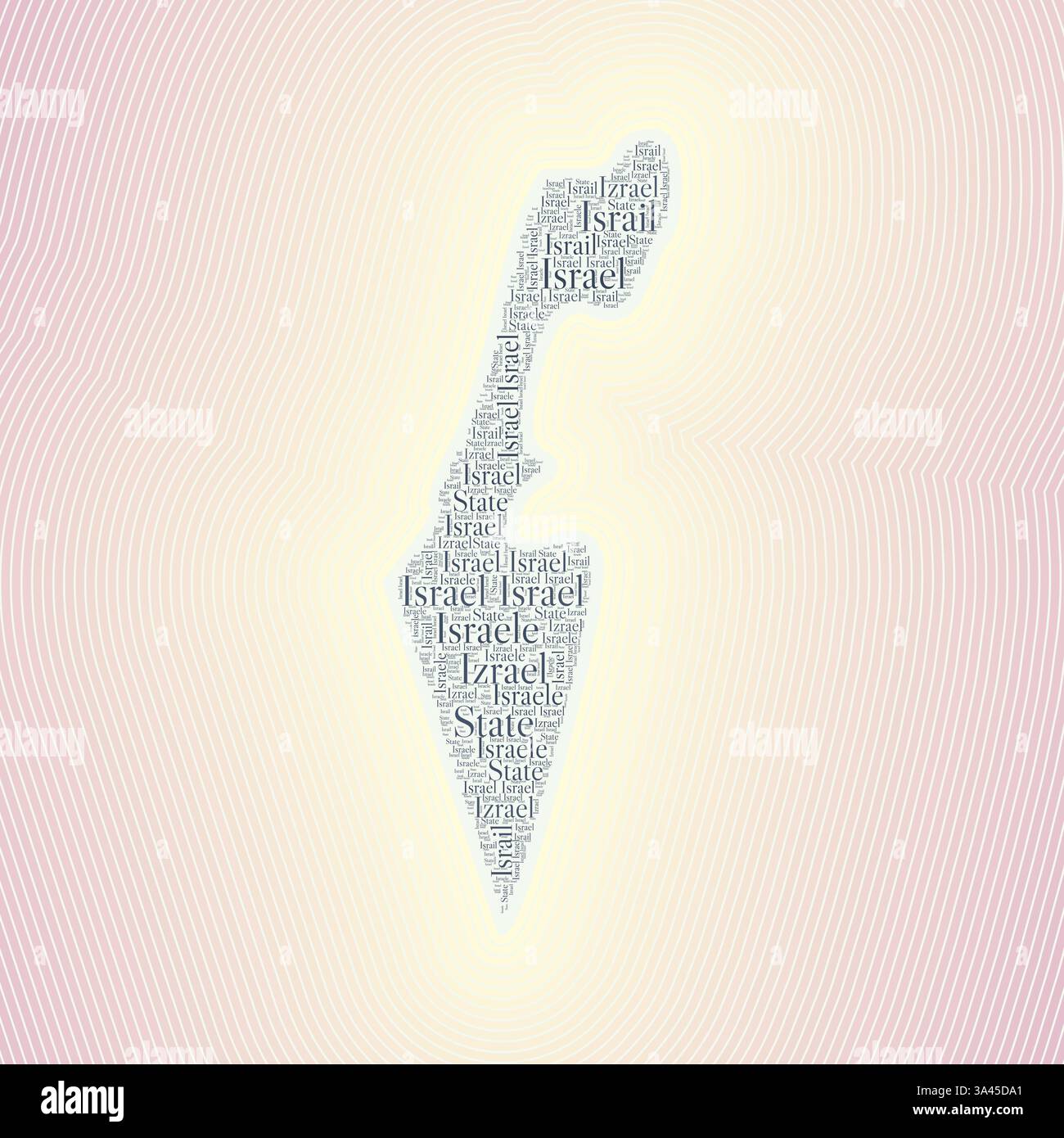 Forme d'Israël formé par le nom du pays dans plusieurs langues. Frontière israélienne sur fond dégradé rayé élégant. Affiche vibrante. Illustration de Vecteur