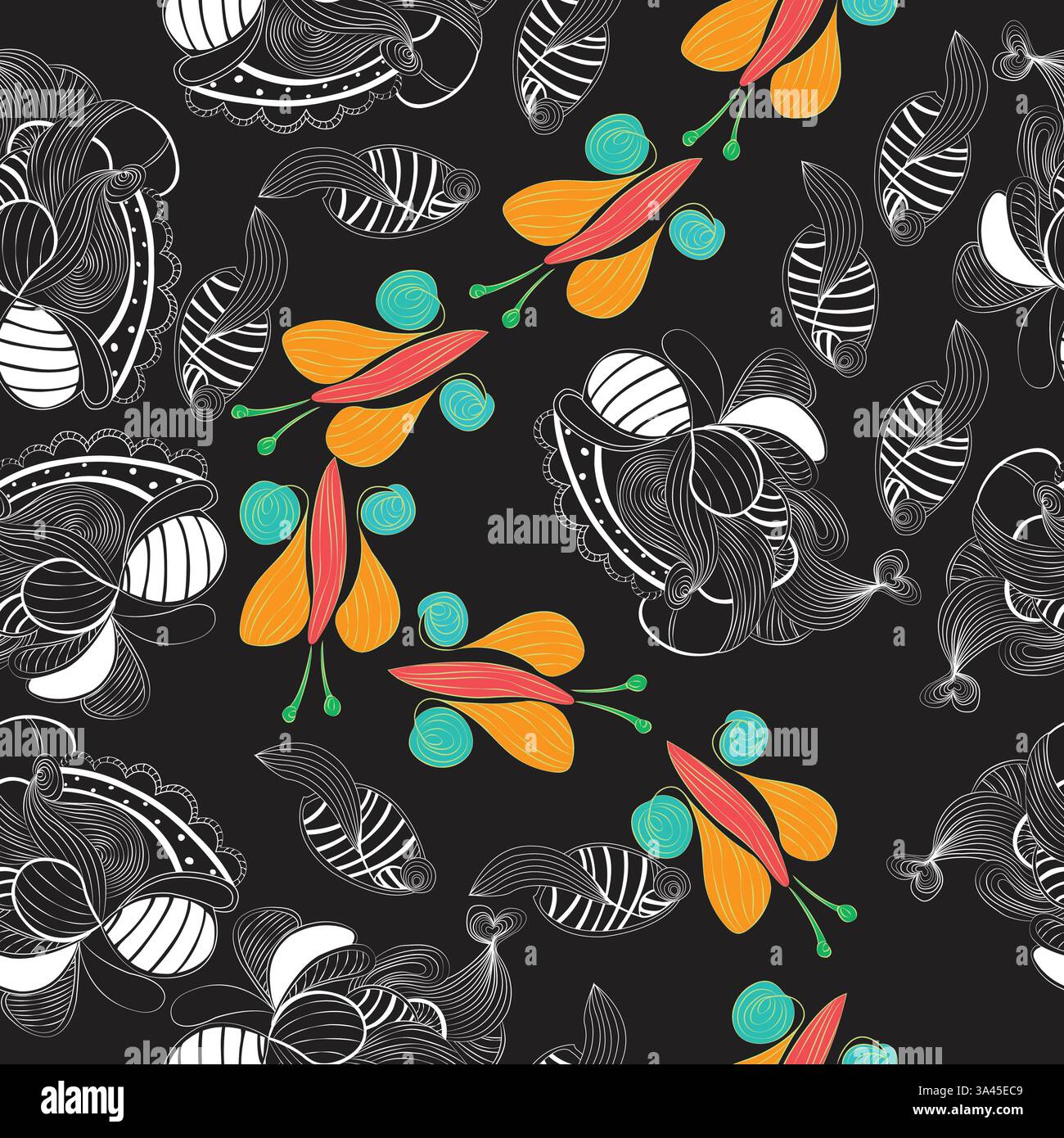 Line art artistique motif sans couture coloré avec des papillons et des feuilles Illustration de Vecteur