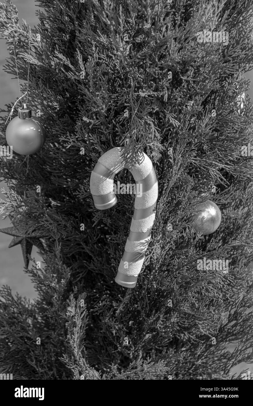 Ornement de canne de bonbons accroché sur l'arbre de vacances de Noël dans le village de Laneia, Chypre Banque D'Images