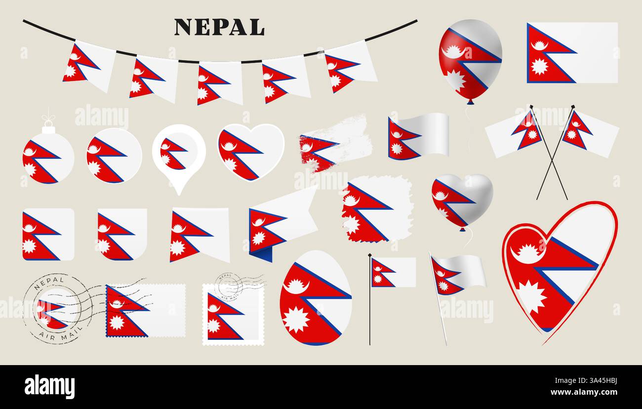 drapeau du népal fixé. Divers drapeau national collection avec différentes formes comme le coeur, bouclier, oeuf de pâques, emplacement, cercle, tad, grunge, carré, rou Illustration de Vecteur