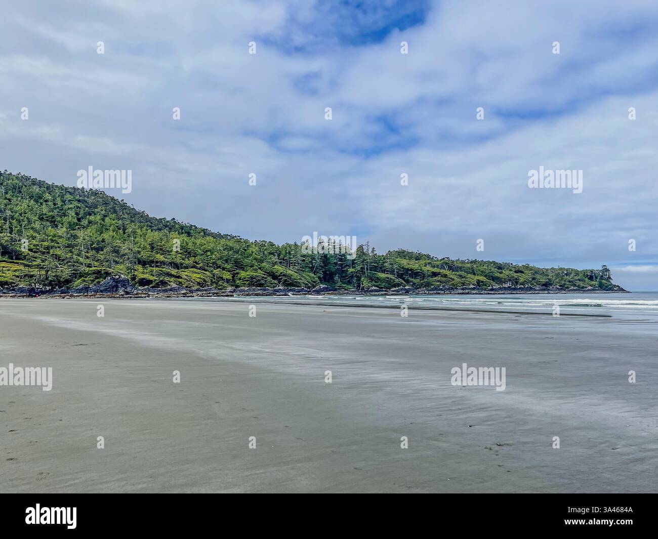 Vaste plage de sable avec des falaises boisées verdoyantes en arrière-plan sous un ciel partiellement nuageux. Paysage côtier avec vagues océaniques et lointain sho rocheux - Image de stock capturée avec un smartphone