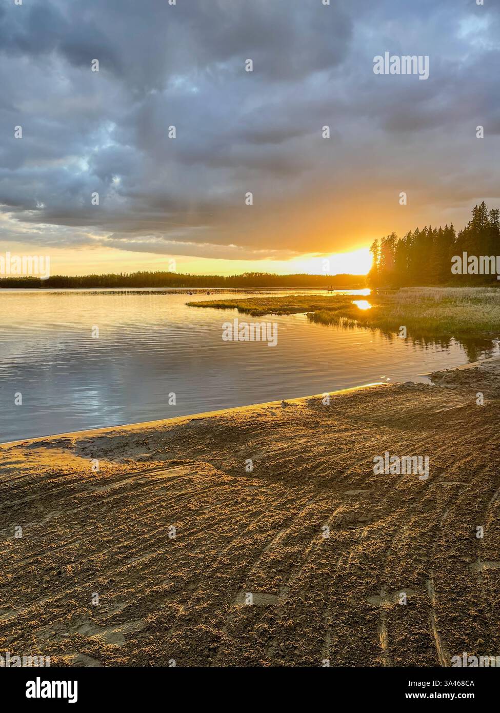 Une vue sur le coucher du soleil depuis un bord de lac sablonneux, avec la lumière dorée illuminant le paysage. La scène comprend une forêt lointaine et des montagnes le long du hor Banque D'Images