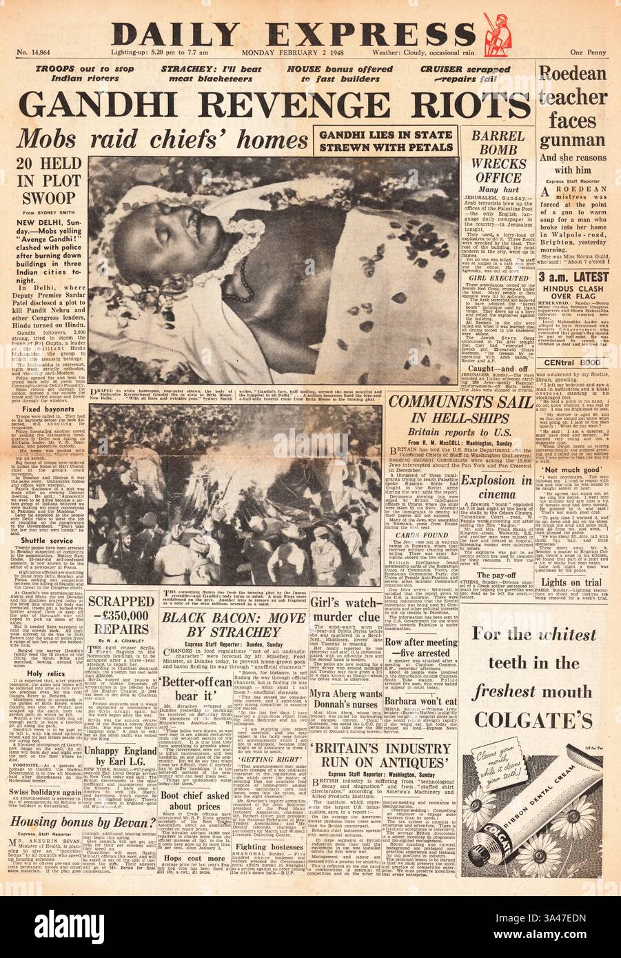 1948 Daily Express page d'accueil sur l'assassinat du Mahatma Gandhi et Tudor IV Star Tiger Crash en route vers les Bermudes Banque D'Images