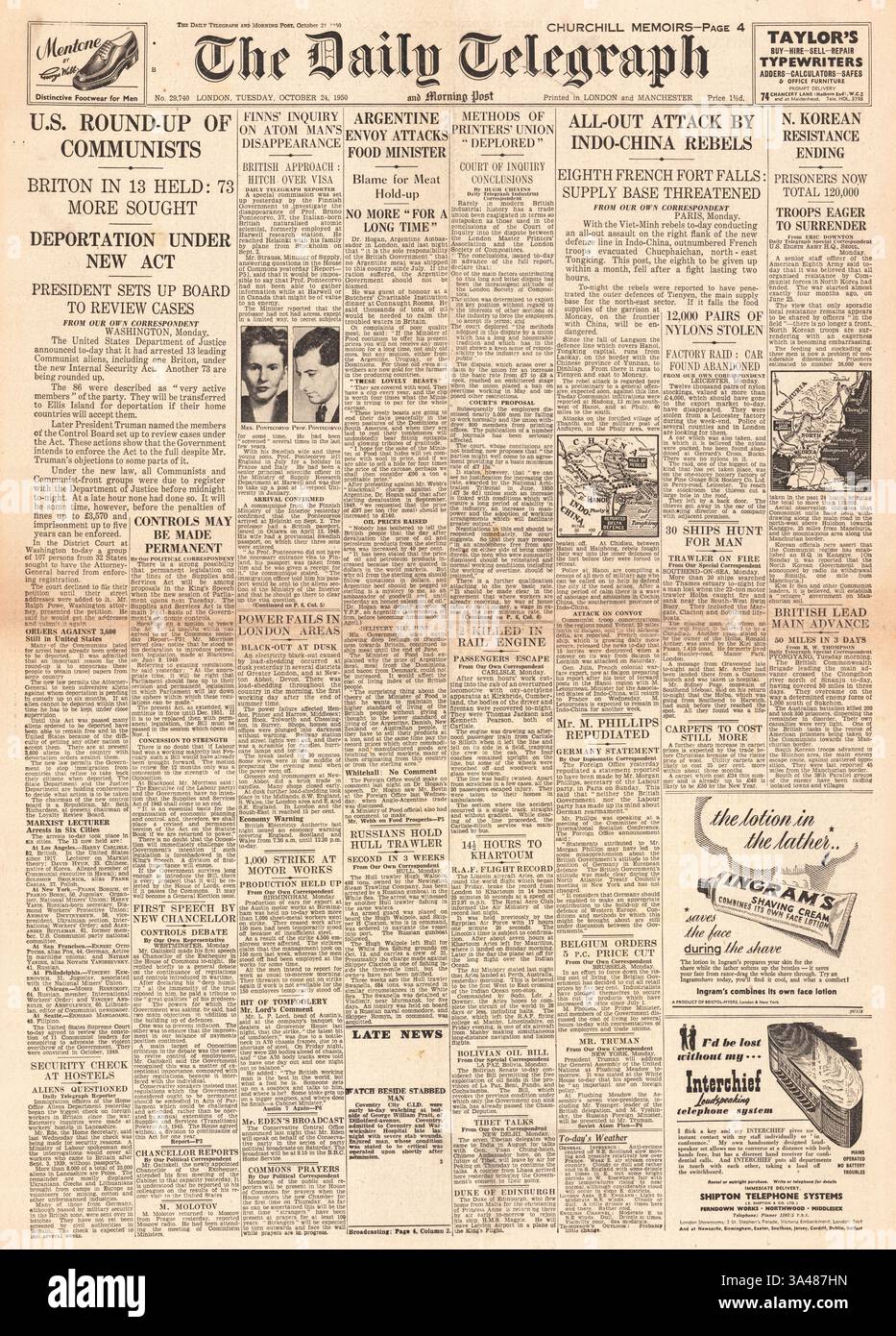 1950 Daily Telegraph page de couverture faisant état d'arrestations anti-communistes aux États-Unis Banque D'Images