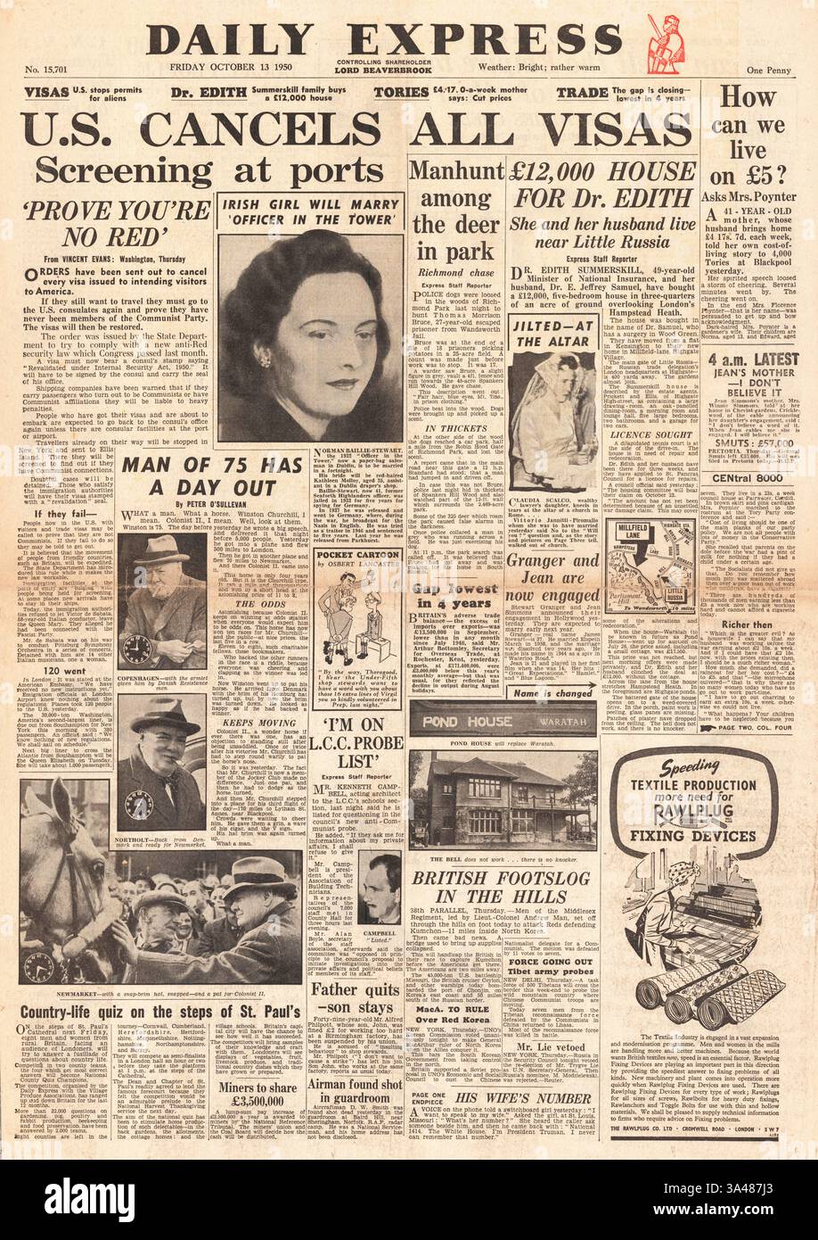 1950 Daily Telegraph page d'accueil faisant état de restrictions anti-communistes en matière de visa lors d'une visite aux États-Unis Banque D'Images