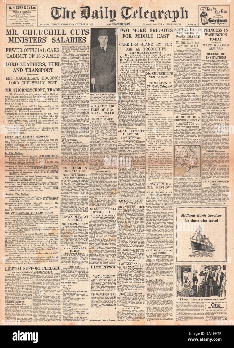 1951 Daily Telegraph page de couverture rapport Nouveau Cabinet annoncé Banque D'Images