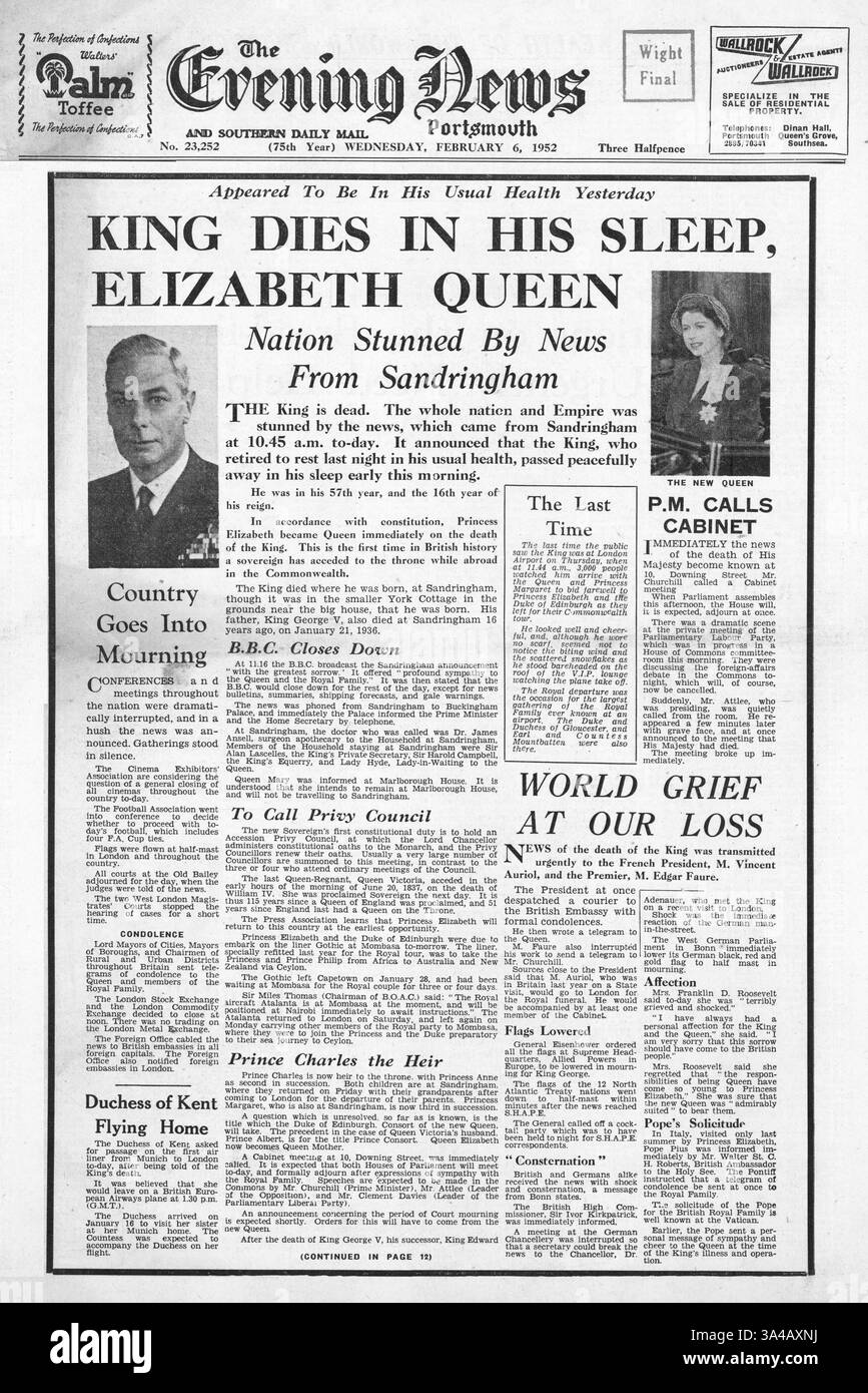 1952 Evening News (Portsmouth) page d'accueil signalant la mort du roi George VI et de la princesse Elizabeth devient reine Banque D'Images