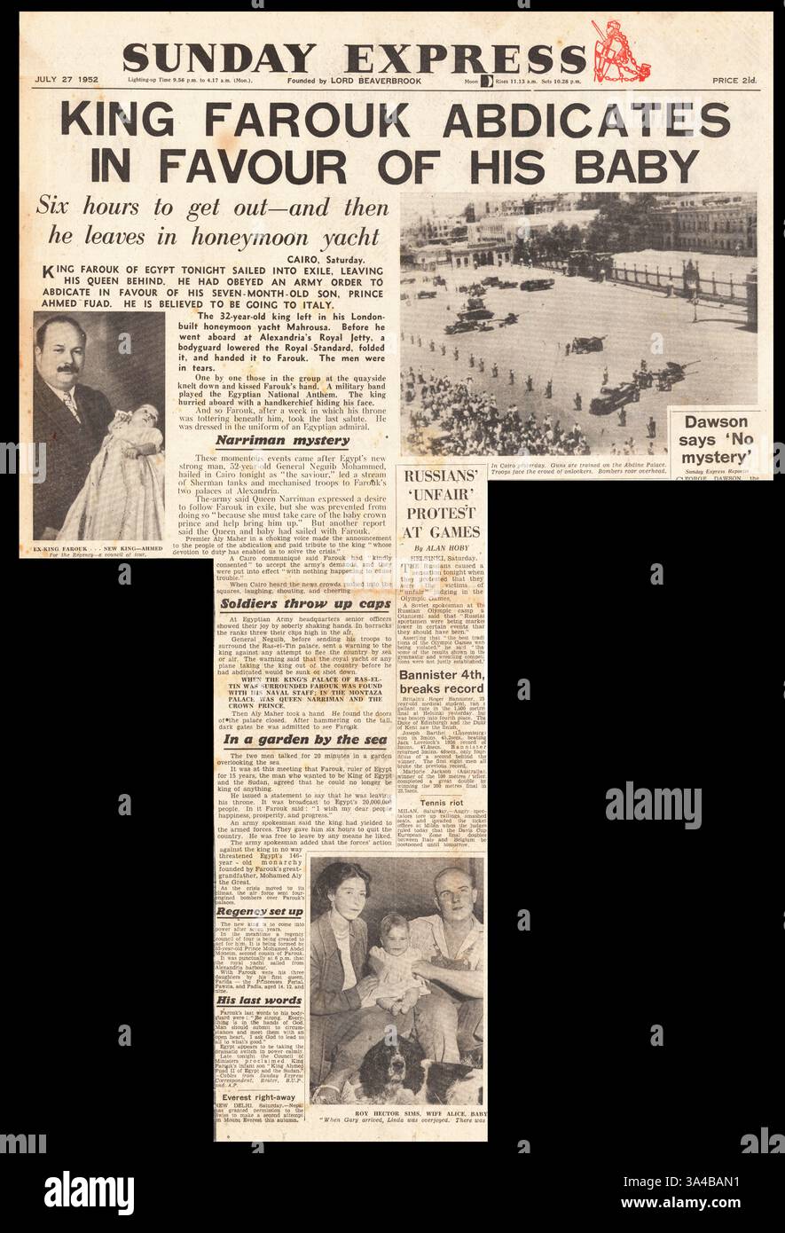 1952 Sunday Express page de couverture signalant l'abdication du roi Farouk Banque D'Images