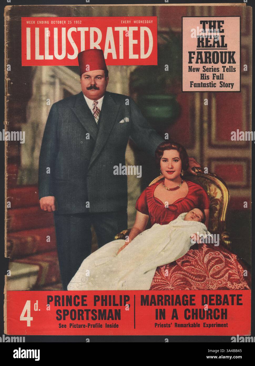 1952 page couverture du magazine illustré Roi Farouk avec sa femme Narriman Sadek et son fils Ahmed Fuad Banque D'Images