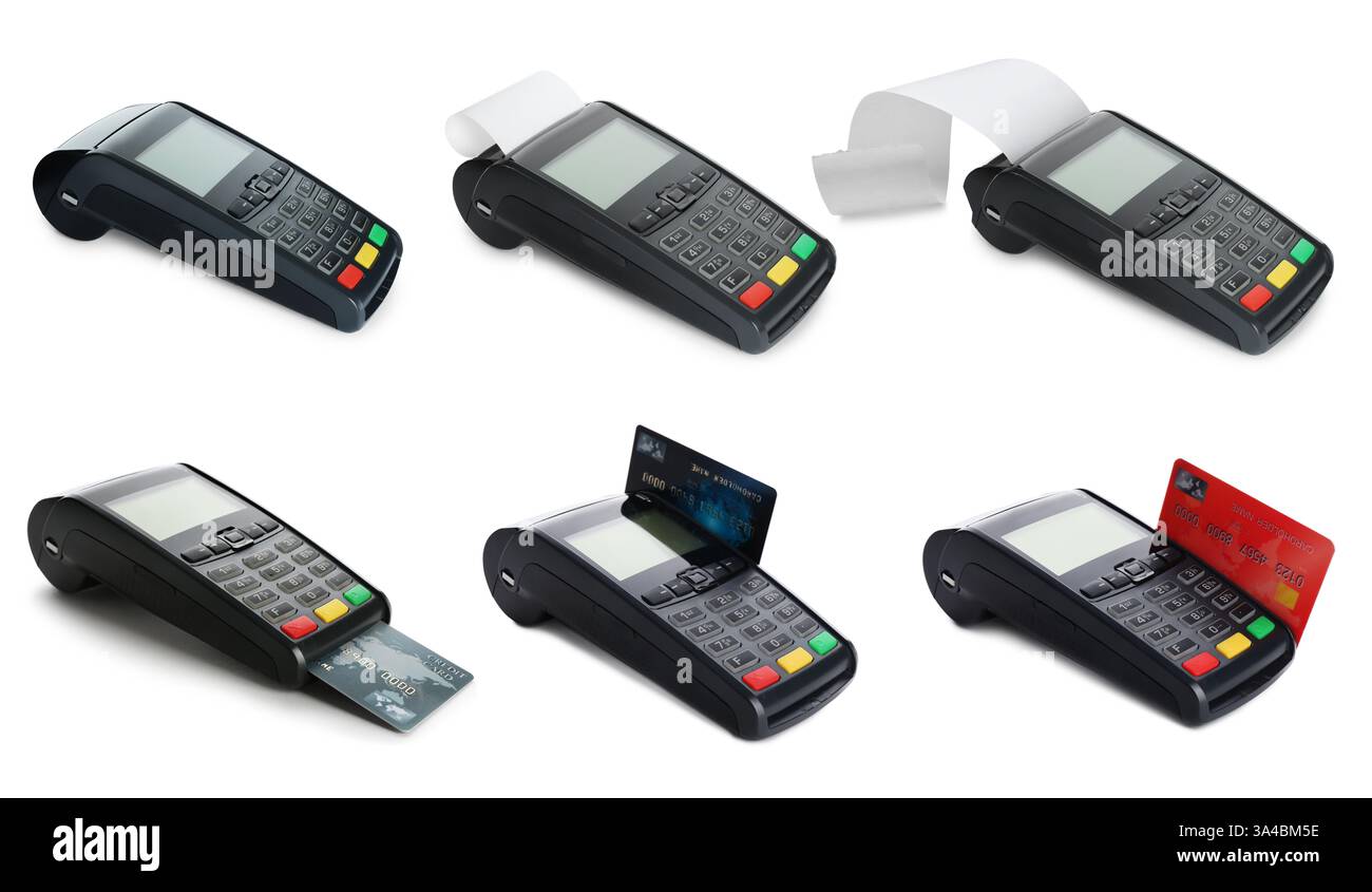 Terminal de paiement, chèque papier et cartes plastiques isolés sur blanc, set Banque D'Images