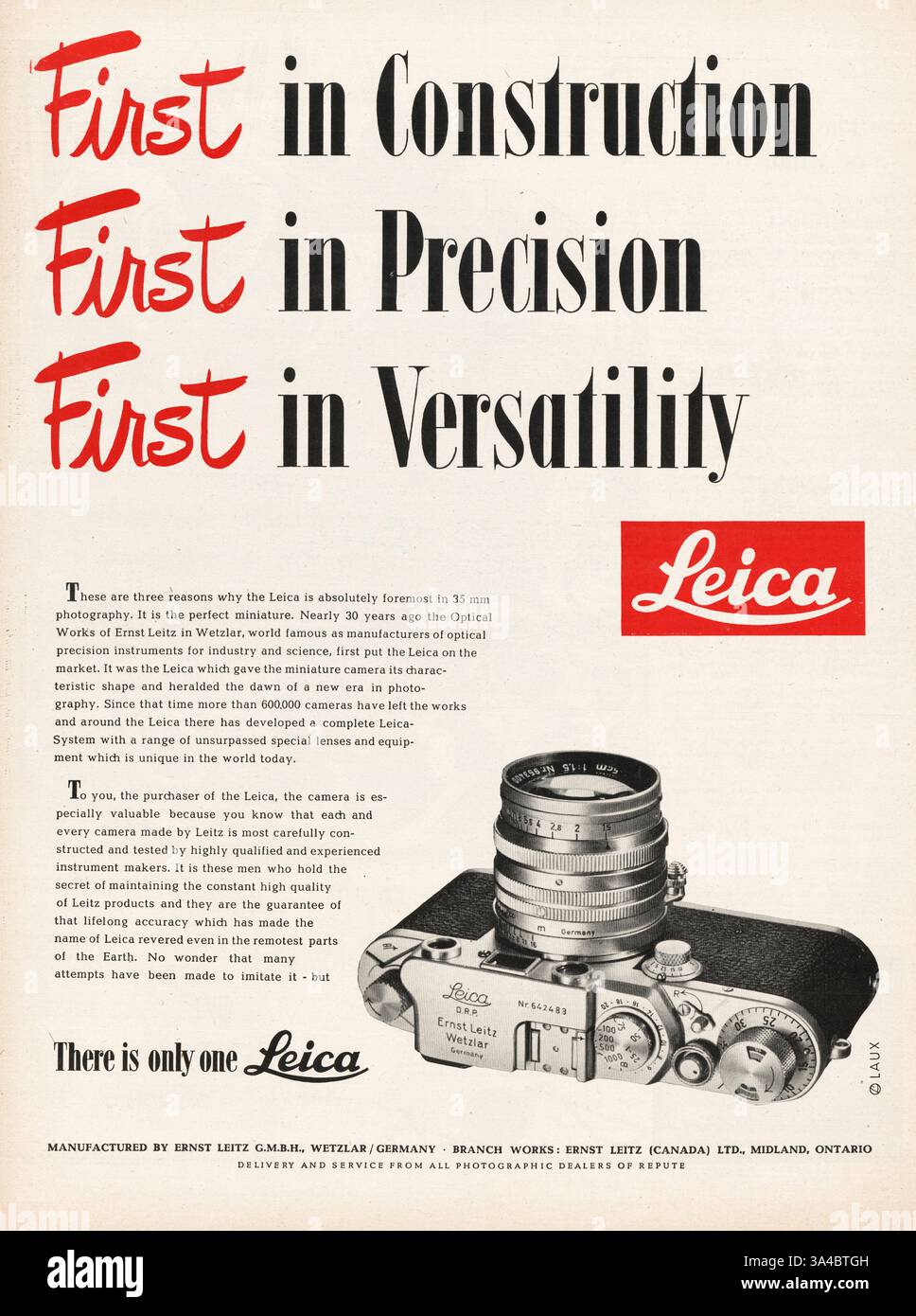 1953 publicité pour appareils photo Leica Magazine américain Banque D'Images