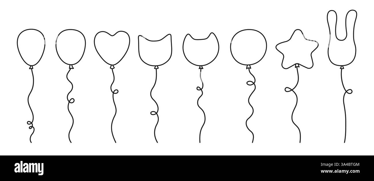 Ballons Doodle Set illustration. Ballon décoratif linéaire de différentes formes. Chaque ballon est isolé. Événements de festivités de célébration d'anniversaire, décoration de partie, carte, conception de ligne vectorielle Illustration de Vecteur