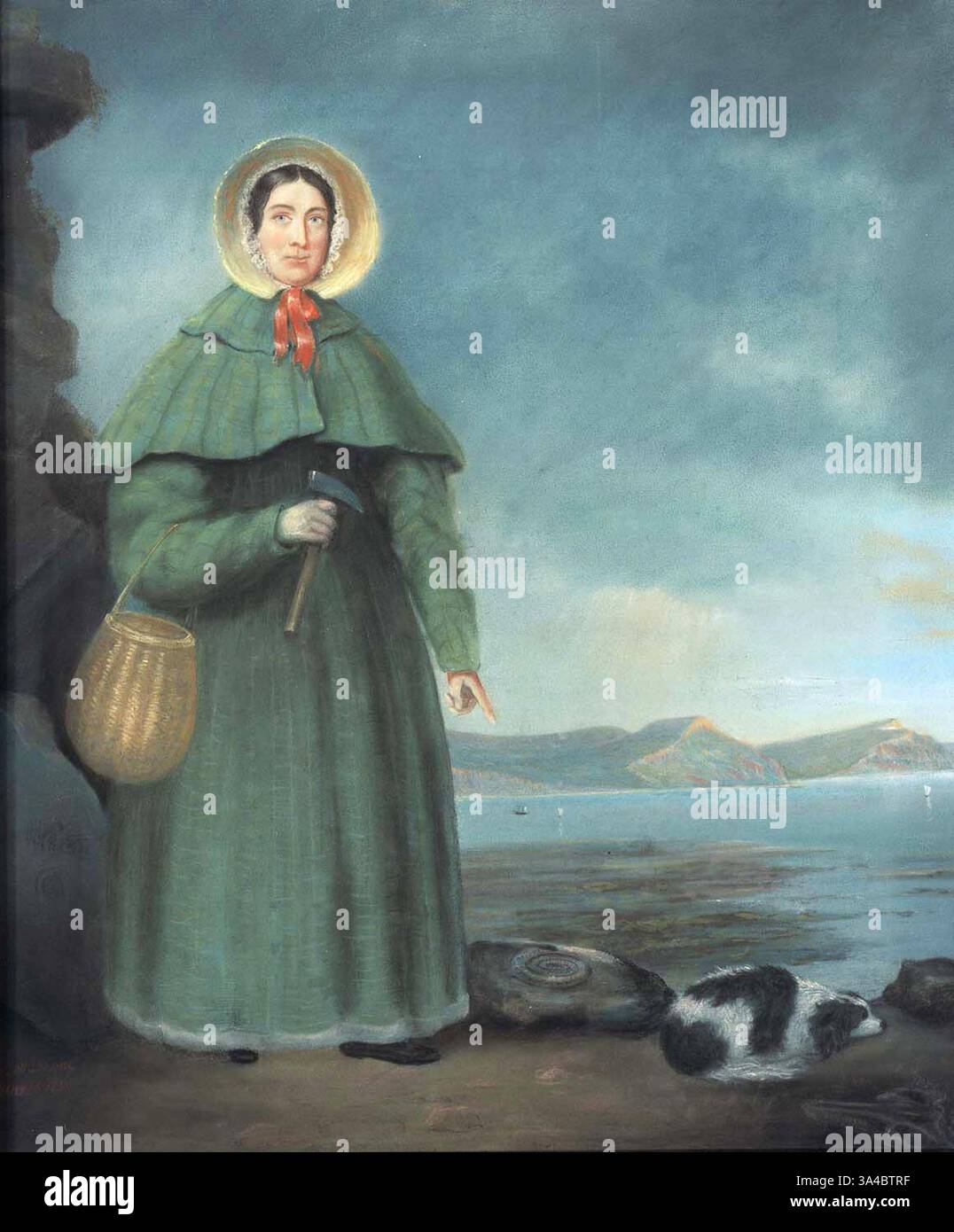 Mary Anning avec son chien Tray et une Ammonite. Mary Anning (1799–1847) est une collectionneuse, marchand et paléontologue anglaise. Elle est devenue connue internationalement pour ses découvertes dans les lits fossiles marins jurassiques dans les falaises le long de la Manche à Lyme Regis dans le comté de Dorset, au sud-ouest de l'Angleterre. Les découvertes d'Anning ont contribué à des changements dans la pensée scientifique sur la vie préhistorique et l'histoire de la Terre. Ses découvertes comprennent le premier squelette d'ichtyosaure correctement identifié à l'âge de douze ans ; les deux premiers squelettes de plésiosaure presque complets ; le premier Banque D'Images