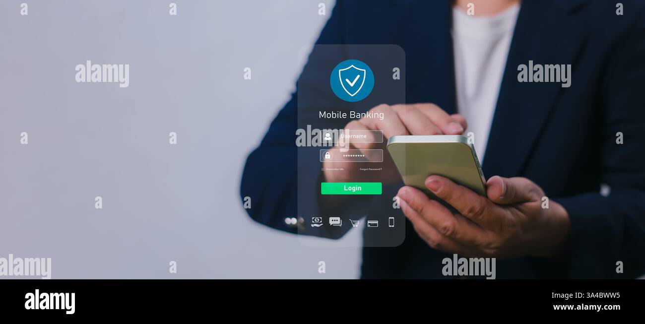 E-Banking, Smart Fintech service, paiement en ligne, Finance innovation technologie en ligne, homme d'affaires utiliser smartphone connectant les applications bancaires en ligne Banque D'Images