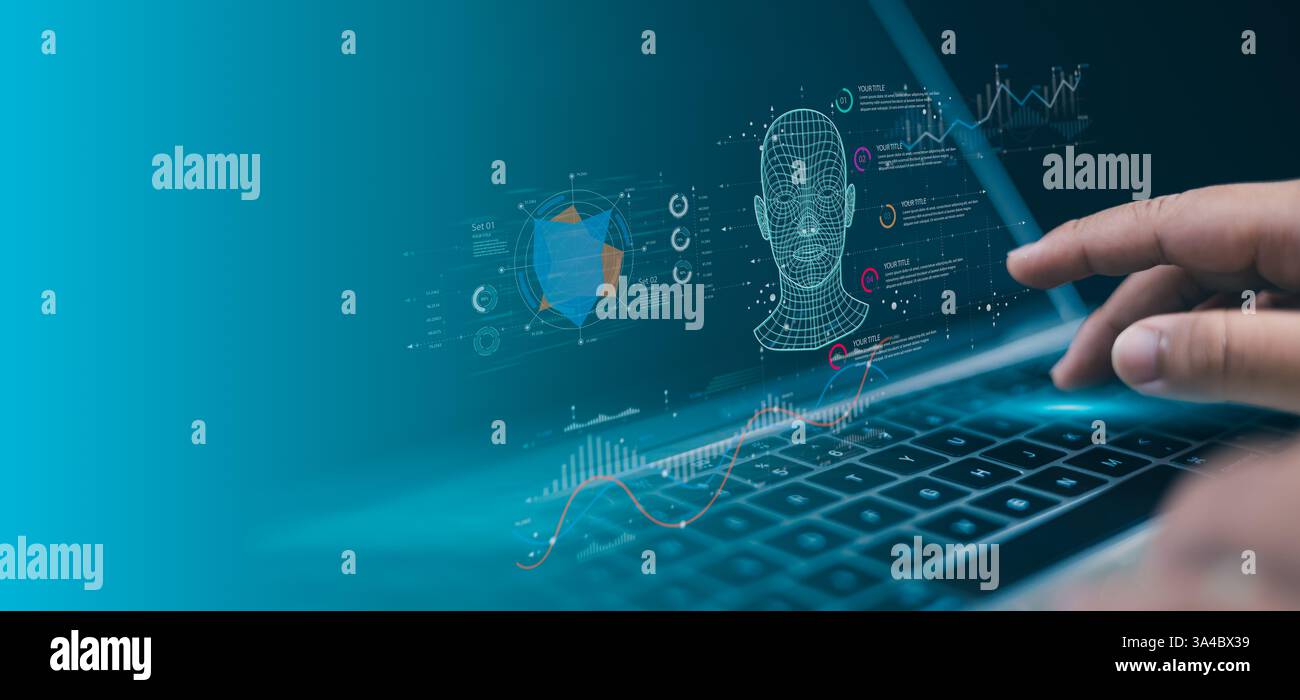 Deepfake concept correspondant aux mouvements faciaux, échange de visage ou usurpation d'identité, suivi facial, technologie de détection et de reconnaissance, système de sécurité, Cy Banque D'Images