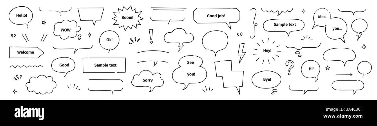 Jeu de bulles de texte de ligne. Cadre de conversation à bulles de conversation à motif de ballon de ligne. Ballon de dialogue de texte d'arrière-plan de style Comic japan, nuage de doodle simple, bordure de boîte. Illustration vectorielle Illustration de Vecteur