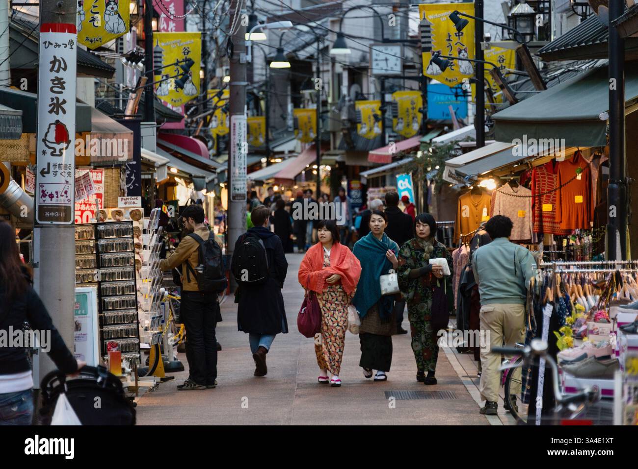 Les visiteurs marchent le long de la rue principale du quartier Yanaka Ginza de Nippori à Tokyo, au Japon. Banque D'Images