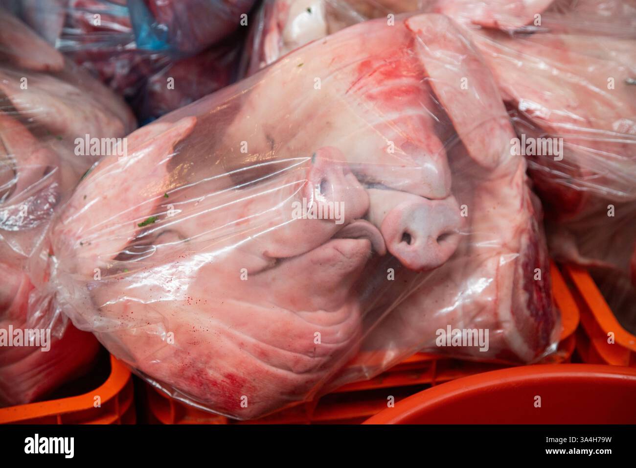 Têtes de cochon dans un sac en plastique sur un marché de Puebla, Mexique. Banque D'Images
